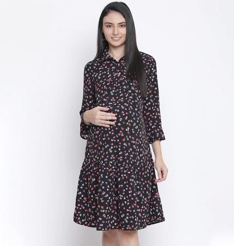 Black Floral Satin Maternity Shirt Dress